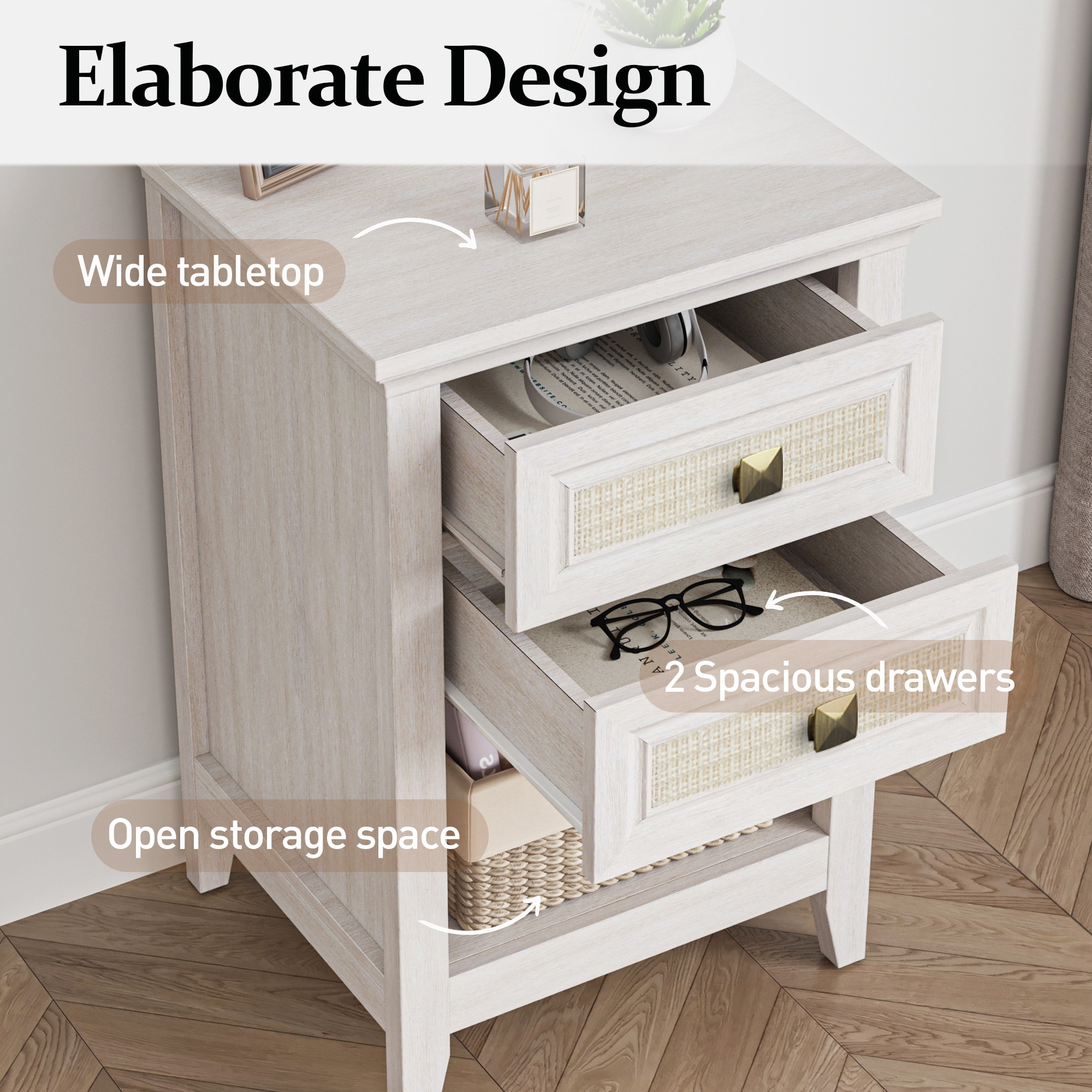 Grayish White Rattan Bedside Table With Storage Drawer For Bedroom_voghion.com